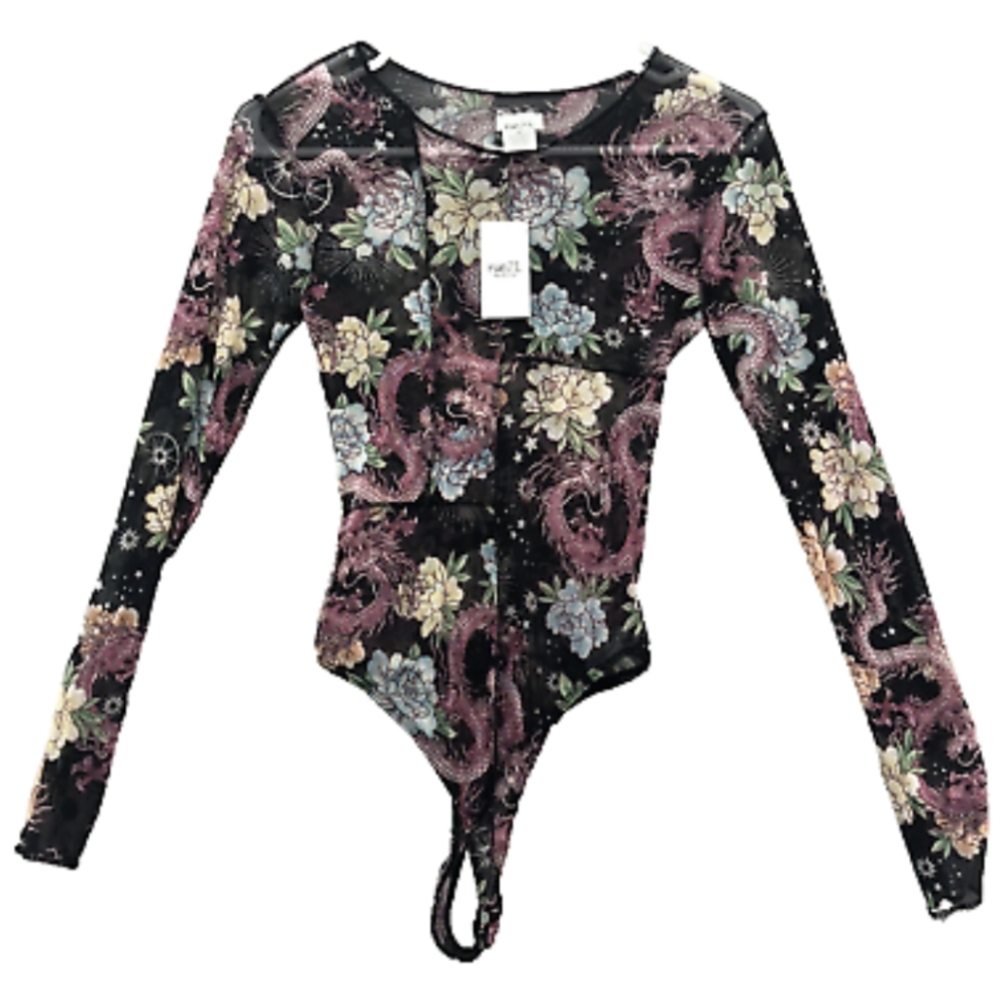 Rue21 Black Sheer Long Sleeve Dragon Print Mesh One-Piece Bodysuit XS